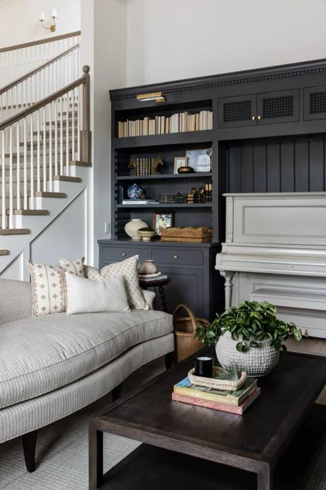 Piano Shelf, Moody Cottage, Piano Room Decor, Laguna Hills California, Mindy Gayer Design, Open Concept Dining Room, Office Music Room, Cozy Sofas, Piano Wall