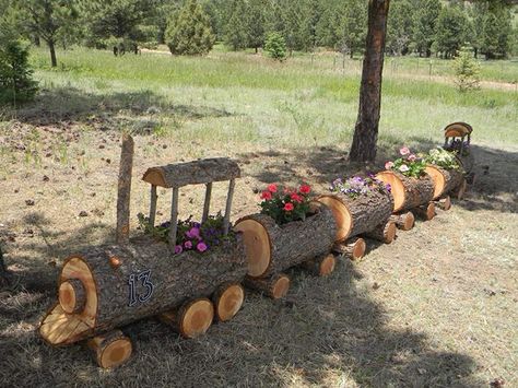 Log Train Planter with Flowers Wood Log Crafts, Log Planter, Diy Raised Garden, Raised Garden Beds Diy, Wooden Log, Into The Woods, Garden Crafts, Diy Garden Decor, Raised Garden Beds