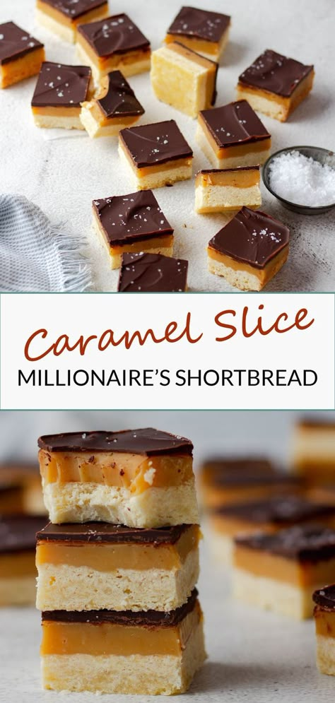 Sliced caramel slice aka millionaire's shortbread Salted Caramel Treats, Caramel Slice Recipe, Salted Caramel Slice, Salted Caramel Desserts, Chocolate Caramel Slice, Millionaire's Shortbread, Salted Caramel Tart, Whipped Shortbread, Salted Caramel Recipes