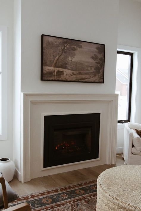 Electric Fireplace Ideas Under Window, Vent Free Fireplace, Electric Fireplace With Wood Surround, Utah Living, Plaster Fireplace, Electric Fireplace Mantle, Cast Stone Fireplace, Simple Fireplace, Fireplace Room