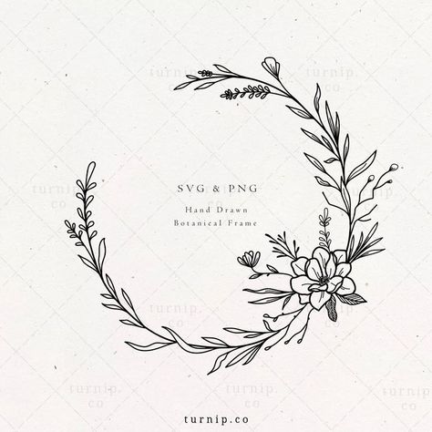 Floral Wreath Drawing, Wreath Tattoo, Wreath Svg, Floral Frames, Wreath Drawing, Magnolia Wreath, Diy Cookie, Wedding Monogram, Clip Art Borders