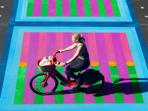 Asphalt Art Initiative, London. Lead artist: Yinka Ilori. Photo: Greater London Authority National Philanthropy Day, Asphalt Art, Yinka Ilori, Super Graphics, Bee Safe, Pavement Art, Pedestrian Safety, Paving Pattern, Street Installation