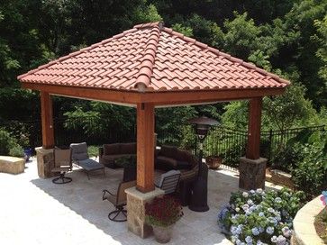 Would match our roof line but need to change part rock and part post - maybe all stucco to match house based on this pic. Slanted Roof Gazebo Ideas, Metal Roof Gazebo, Terrace Sitting Ideas, Flat Roof Gazebo, Outside Gazebo Ideas, Gable Roof Gazebo, Thatched Roof Gazebo, Outside Gazebo, Shed Roof Design