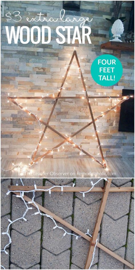 Make this easy DIY extra large rustic wood star for just $3 -- and adding lights, it's still budget-friendly large Christmas decor at under $10! Perfect for the front porch or by the fireplace. Tutorial from The Learner Observer on Remodelaholic.com Large Christmas Decor, Diy Christmas Fireplace, Large Christmas Decorations, Diy Christmas Star, Outdoor Christmas Diy, Diy Christmas Lights, Christmas Light Installation, Christmas Fireplace Decor, Wood Stars