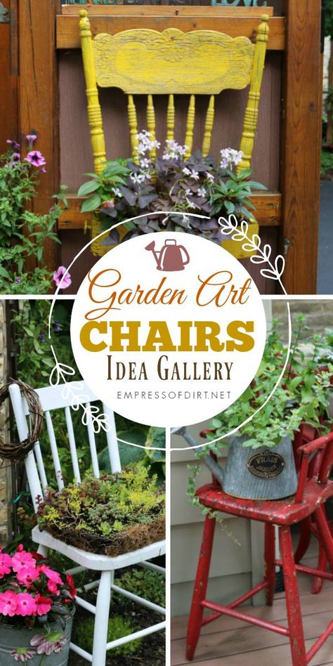 Gallery of garden art chair ideas for charming, electic decor in your outdoor space. Chairs With Flowers, Art Chairs, Chair Planter, Pinterest Garden, Garden Junk, Chair Ideas, Meteor Garden 2018, Magic Garden, Garden Chair