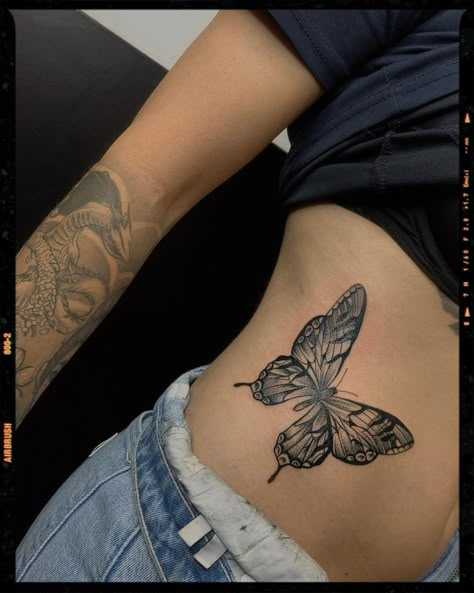 Butterfly Tattoo Inspiration Bad Butterfly Tattoo, Amazing Butterfly Tattoos, Transform Butterfly Tattoo, Giant Butterfly Tattoo, Big Butterfly Back Tattoo, Big Butterfly Tattoo On Back, Rib Tattoo Big, Color And Black Tattoo, Stomach Butterfly Tattoo