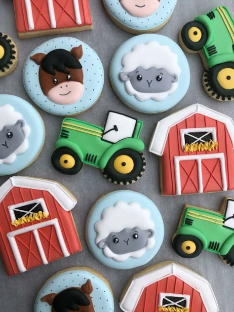 Farm Theme Cookies 1st Birthday, Barnyard Birthday Cookies, Farm Animal Decorated Cookies, Farm Decorated Cookies, Farm Animal Cookies Decorated, Farm Baby Shower Cookies, Barn Cookies Decorated, Tractor Cookies Decorated, Farm Cookies Decorated