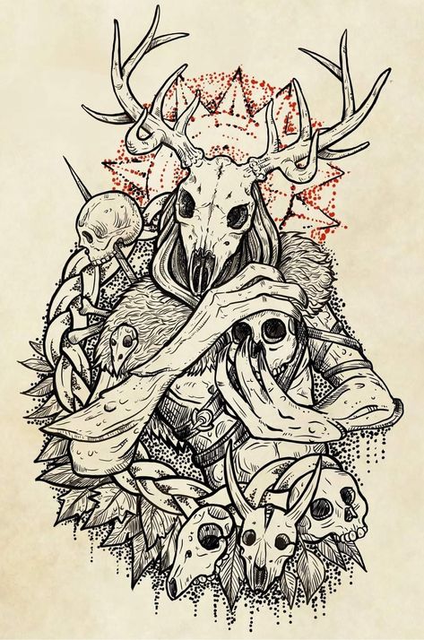 Wolf With Skull Tattoo, Shaman Tattoo Design, Wendigo Art Drawing, Dark Unicorn Art, Dark Tattoo Designs Men, Nomad Tattoo Ideas, Wendigo Tattoo Design, Wendigo Sketch, Fenrir Drawing