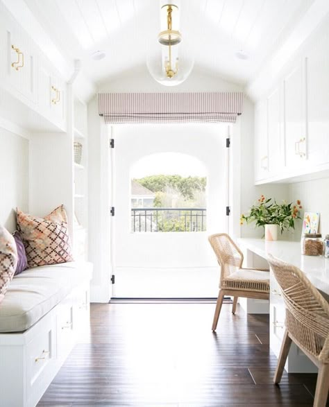 Spotted some of our favorite chairs in this sweet office design by @brookewagnerdesign. Love how bright the space is! 🛠:… Newport Beach Homes, Style Me Pretty Living, Office Storage Cabinets, Family Of Five, Work From Home Business, Beach House Interior, Beach House Design, Built In Bench, Beach Home