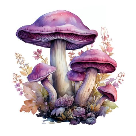 Premium AI Image | a drawing of purple mushrooms and other plants with flowers. Mushrooms Watercolor, Mushroom Clipart, Mushroom Images, Fantasy Homes, World Of Fantasy, Mushroom Art, Digital Watercolor, Digital Sticker, Watercolor Clipart