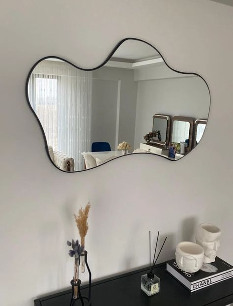 Asymmetrical Mirror, Irregular Mirror, Mirror On The Wall, Pinterest Room Decor, Cozy Room Decor, Apartment Decor Inspiration, Mirror Interior, Room Makeover Bedroom, Room Makeover Inspiration