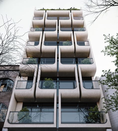 Long Narrow Building Architecture, Unique Balcony Design, Small Hotel Design Architecture, Modern Residential Building Design, Modern Apartment Building Exterior, Residential Facade, Contemporary Buildings, Stackable Furniture, Narrow House Designs