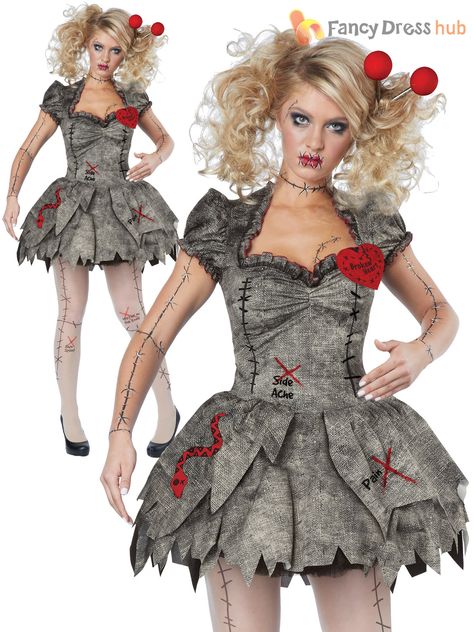 Voodoo Doll Halloween Costume, Voodoo Doll Makeup, Voodoo Doll Costume, Rag Doll Costume, Halloween Costumes Women Creative, Doll Fancy Dress, Ladies Fancy Dress, Doll Halloween Costume, Fancy Dress Outfits