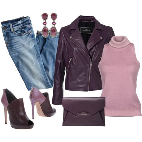 "Plum Leather Jacket" by ldumperth Plum Jacket Outfit, Plum Leather Jacket Outfit, Plum Purple Aesthetic Outfits, Purple Long Sleeve Leather Jacket For Spring, Fitted Purple Leather Jacket For Fall, Purple Single-breasted Outerwear For Fall, Winter Attire, Leather Jacket Outfits, Tres Chic