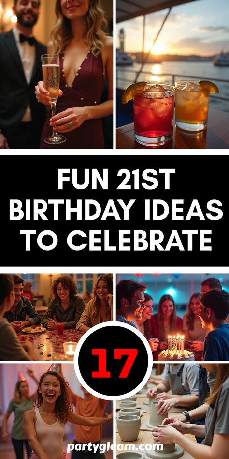 17 unforgettable 21st birthday party ideas that will make your special day a blast! From a fancy dinner to a vibrant boat ride, this list covers it all. Join a lively dance class or unleash your artistic side with a pottery masterpiece night. Want something chill? Gather friends for a cozy board game night or an exciting bowling outing. These creative ideas ensure your 21st birthday is full of fun, laughter, and great memories. Don't miss these awesome suggestions to ignite your celebrations! Birthday Outing Ideas, Ferrari Party, Fall Birthday Cakes, 21st Birthday Party Ideas, Outing Ideas, Party Ideas For Adults, Fall Birthday Parties, 21st Birthday Ideas, Board Game Night