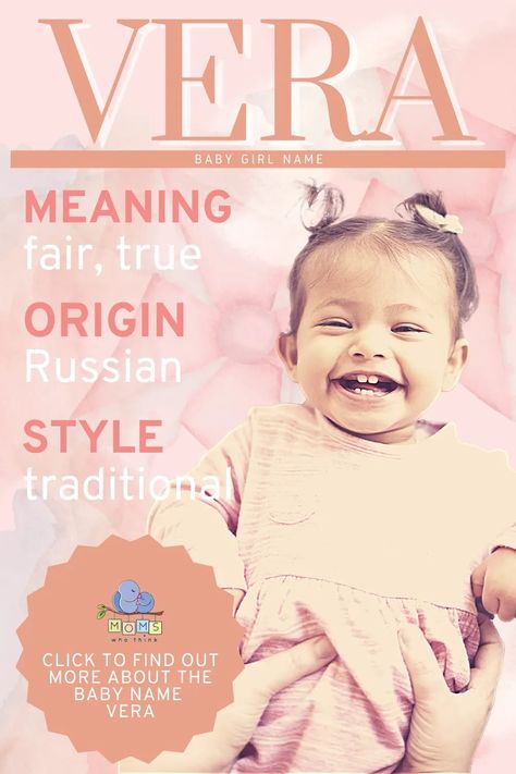 Vera is a Russian baby girl’s name that means “fair”. Vera was popular in the 1910’s and 20’s and has been making a comeback since 2009. The name Vera is classic and very pretty which makes it a good choice for any parent. #girlname #boyname Vera Meaning, Lucia Name Meaning, Vera Name Meaning, Rare Girl Names With Meanings, Latin Baby Girl Names, Old Names For Girls Baby, Middle Name, Baby Names And Meanings, Parents Baby