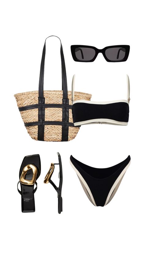 Black and cream block bikini. Wicker tote with black leather accent and straps. Black sandal with gold detail.