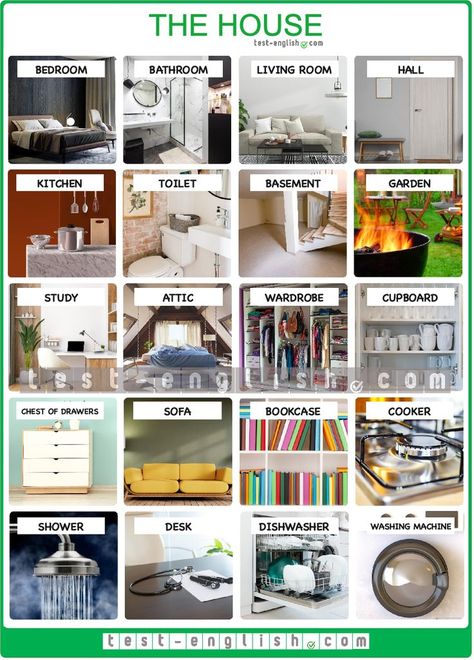 English vocabulary chart - The house: rooms and furniture. #learnenglish #english #englishteacher #englishgrammar #englishtips #englishvocabulary #speakenglish #speakingenglish #englishlearning #learningenglish #englishlesson #englishonline #englishclass Home Vocabulary English, Furniture Vocabulary English, House Vocabulary English, House Vocabulary, Attic Wardrobe, Descriptive Text, Writing Test, English Exam, Esl Vocabulary