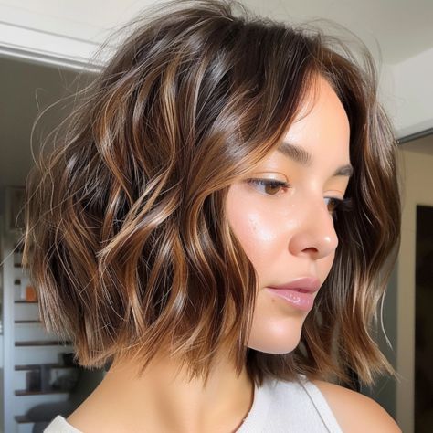 Wavy Bob with Contrast Highlights Balyage Short Hair Brunette Bob, Wavy Bob Thick Hair, Fine Wavy Bob, Short Bob Highlights Brunettes, Wavy Bob Balayage, Messy Bob Brunette, Bob Wavy Hairstyles, Wavy Brown Bob, Wavy Jaw Length Bob