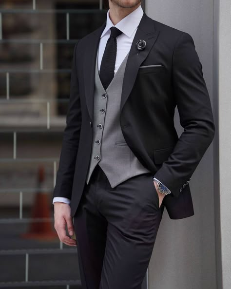 Distinguished in black, refined in gray. Elevate your style game with the timeless sophistication of our Black-Gray Combination Suit. Regular Price 325 USD FREE & FAST SHIPPING WORLDWIDE 🔍 Black - Gray Combination Suit #BlackGrayCombo #SuitUp #DapperStyle #SartorialSophistication #ElevateYourLook #MensFashion #DapperGents #FashionChoices #OutfitOfTheDay Grey And Black Suit Men, Charcoal Suit Men, Black And Grey Suit, Reject Modernity, Mafia Men, Suit Combinations, Black Suit Men, Classy Suits, Formal Suit