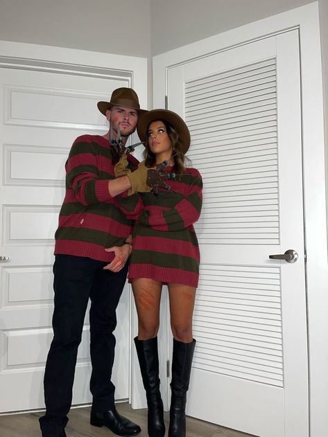 29 Hottest Couple Halloween Costumes That Will Blow Your Mind! - The Fashionable One Couple Freddy Kruger, Couples Halloween Outfits Scary, Freddy Krueger Couple Costume, Freddie Kruger Halloween, Mexican Halloween Costume, Scary Couples Costumes, Rapunzel Halloween Costume, Freddy Krueger Costume, Couple Halloween Costume