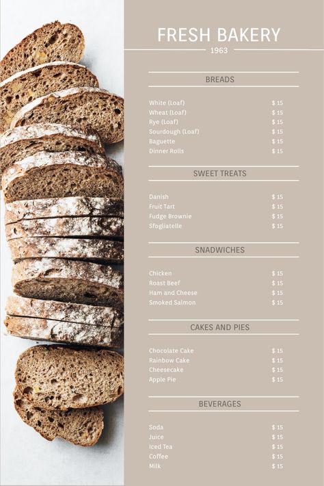 This menu template helps you start your next campaign quickly. It's designer-crafted and helps you stand out. Baking Menu Template, Pastries Menu Design, Pastry Menu Design Ideas, Bread Menu Design, Bakery Catalogue, Bakery Menu Design Templates, Home Bakery Menu Ideas, Bakery Menu Ideas, Bakery Menu Design