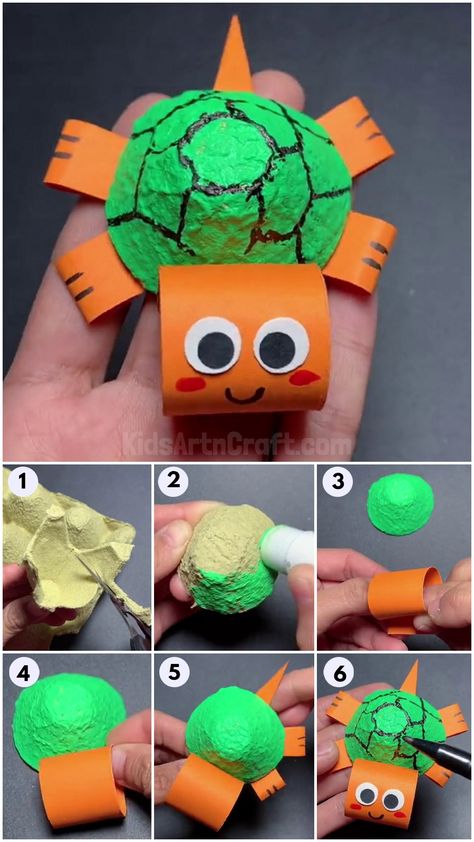 How To Make Egg Carton Turtle Craft For Kids - Kids Art & Craft Turtle With Egg Carton, Turtle Egg Carton Craft, Egg Carton Turtle, Junk Modelling For Kids, Animal Activity For Kids, Kids Art Ideas, Egg Box Craft, Diy Turtle, Turtle Craft