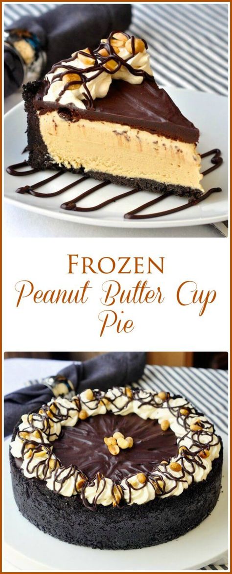 Frozen Peanut Butter Cup Pie. A luscious creamy frozen peanut butter cup pie that's easy to make without an ice cream maker. Frozen Peanut Butter Pie, Peanut Butter Cup Pie, Party Food Easy, Cup Pie, Frozen Peanut Butter, Rock Recipes, Frozen Dessert Recipe, Frozen Pie, Make Ahead Desserts