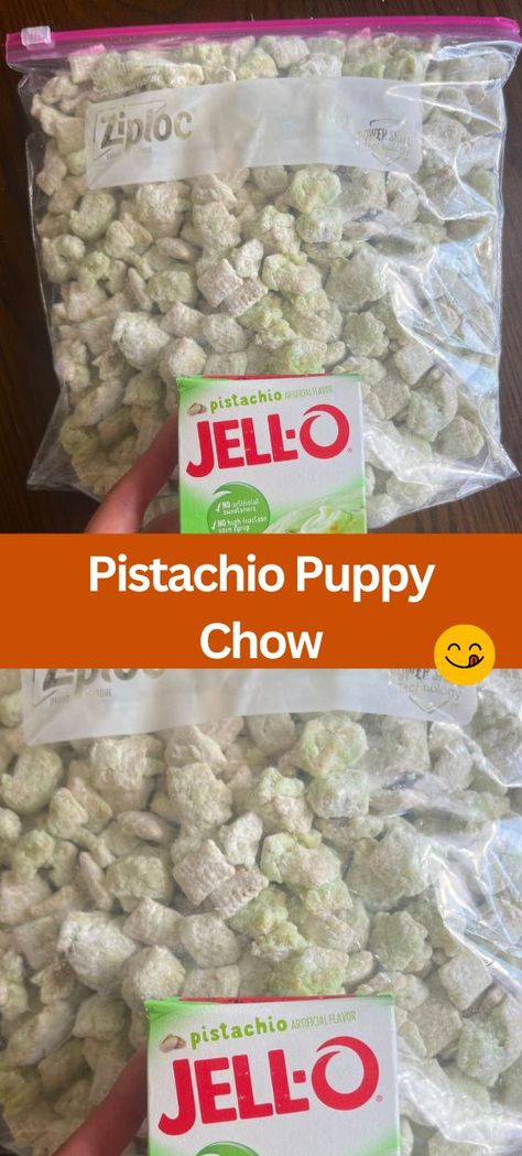 Pistachio Puppy Chow - Looking for a delicious snack that's simple to prepare and bursting with flavor? Try our Pistachio Puppy Chow recipe! Made with Rice Chex cereal, sweetened condensed milk, white chocolate chips, and pistachio pudding mix, this delightful treat is perfect for satisfying your sweet tooth. Whether you're hosting a party or simply craving a tasty snack, our Pistachio Puppy Chow is sure to be a hit. Pudding Puppy Chow, Pistachio Chex Mix Recipes, Pistachio Pudding Puppy Chow, Pistachio Muddy Buddies, Pistachio Puppy Chow 12 Tomatoes, Pistachio Puppy Chow Chex Mix Recipe, Pistachio Puppy Chow Recipe, Pistachio Puppy Chow, Pistachio Snacks