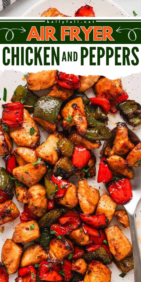 With a bit of heat and a tiny hint of sweetness, this savory air fryer Chicken and Peppers recipe is an easy and delicious low calorie, high protein lunch or dinner you will love! Get ready for perfectly caramelized, flavorful, juicy pieces of chicken and slightly charred bell peppers in just 25 minutes. Low Cal Quick Dinner, Air Fryer Chicken And Peppers, Air Fryer High Protein Meals, Air Fryer Recipes Healthy Low Carb Dinner, High Protein Air Fryer Meals, High Protein Air Fryer Recipes, Chicken And Pepper Recipes, Protein Air Fryer Recipes, Low Calorie Air Fryer Recipes