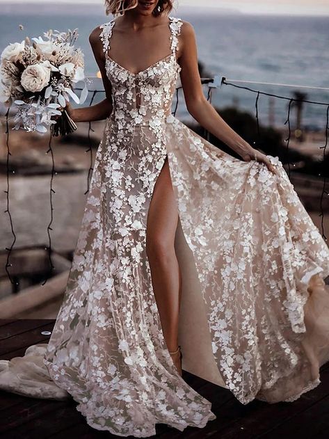 Beach Boho Wedding Dresses A-Line Sweetheart Regular Straps Court Train Lace Bridal Gowns With Appliques Split Front 2024 2024 - $323.99 Boho Blush Wedding Dress, Fall Beach Wedding Dress, Beach Bridesmaid Dresses Boho, Mocha Wedding Dress, Nature Inspired Wedding Dress, Percabeth Wedding, Wedding Dress Shopping Outfit, Hot Wedding Dress, Casual Boho Wedding