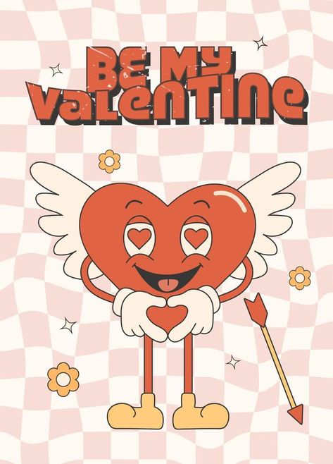 Retro groovy valentines day greeting card, banner, poster, invitation. Poster Valentine, Groovy Valentines Day, Valentine Posters, St Valentines Day, Valentine's Day Poster, Valentine's Day Illustration, Valentines Day Poster, Valentine Poster, Funny Paintings