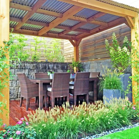 mix of grasses, cherry trees, bamboo, roses, trumpet vines, variegated irises, hydrangeas and sky pencil hollies. Instead of roses Brooklyn Backyard, Small Pergola, Steel Pergola, Cedar Pergola, Pergola Design, Wooden Pergola, Backyard Pergola, Deck With Pergola, Pergola With Roof