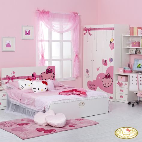 For decorating of the children's rooms has a myriad of ideas, but they are often very expensive to realize. With the help of the colors, you can create a miracle and with little money. Painted walls with bright colors are incentive for new serious tasks. If you work along with the children the period of schoolwork in. Hello Kitty Bedroom Decor, Princess Bedroom Decor, Disney Princess Bedroom, Girls Princess Bedroom, Princess Bedrooms, Cat Bedroom, Hello Kitty Bedroom, Disney Bedrooms, Princess Bedroom