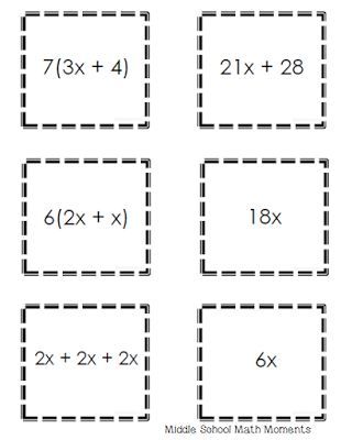 Partnering Cards Using Equivalent Expressions Equivalent Expressions, Math Expressions, Math Enrichment, Middle School Math Teacher, Teaching Algebra, Sixth Grade Math, Distributive Property, Math Geek, Fifth Grade Math