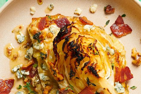 Tender roasted cabbage topped with bacon, blue cheese, and herb-infused nuts — what's not to love? Charred Cabbage, Roasted Side Dishes, Best Cabbage Recipe, Cabbage Skillet, Creamed Leeks, Roasted Cabbage, Cabbage And Bacon, Crunchy Salad, Cabbage Recipes