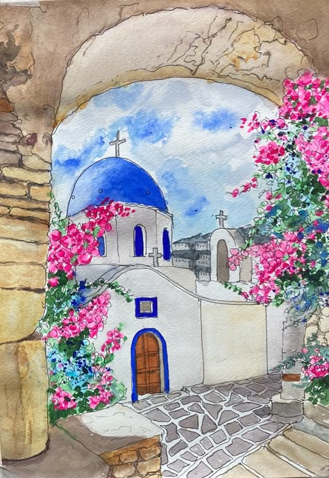 Greece Drawing, Greece Landscape, Greece Painting, Pink Canvas Art, Nine To Five, Learn Watercolor Painting, Watercolor Paintings Nature, Watercolor Architecture, Watercolor Paintings For Beginners