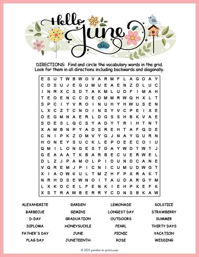 June Activities For Seniors, June Worksheets, May Word Search, June Word Search, April Word Search, Beach Word Search, Summer Word Search, Summer Crossword Puzzle, Summer Puzzle