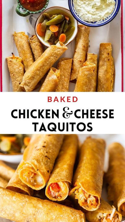 Chicken And Cheese Taquitos, Chicken Taquitos Baked, Taquitos Dorados, Air Fryer Taquitos, Cheese Taquitos, Baked Chicken Taquitos, Baked Taquitos, Flavored Chicken, Easy Spanish Recipes