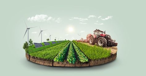 Photo a farm and solar panels are shown ... | Premium Photo #Freepik #photo #agronomy #agribusiness #agriculture-farming #farming Farming Graphic Design, Agriculture Poster Design Ideas, Agriculture Ads, Agriculture Poster, Farm Poster, Farm Background, Agriculture Photography, Agriculture Design, Tractor Design