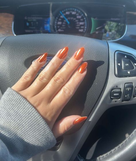 Orange chrome 🎃 . . . . #nails #octobernails #orangechromenails #chromenails #orangenails #holloweennails Orange Chrome Nails Fall, Dark Orange Chrome Nails, Burnt Orange Chrome Nails, Chrome Orange Nails, Dark Orange Nails, Orange Chrome Nails, Orange Chrome, Orange Nail Designs, Chrome Powder