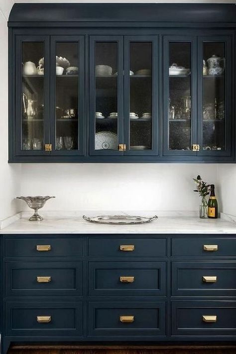 Navy cabinets look amazing with brass hardware and white carerra marble countertops, no doubt! But will they look dated years from now? Dark Blue Cabinets, Navy Kitchen Cabinets, Cabinets Hardware, Navy Cabinets, Navy Kitchen, Beautiful Kitchen Cabinets, Kitchen Pantry Design, Hardware Pulls, New Kitchen Cabinets