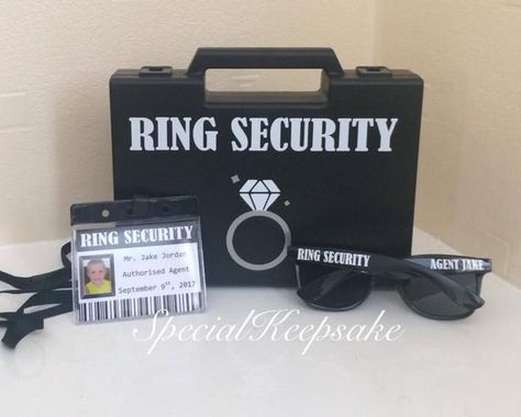 This Ring Security Black Box Briefcase Sunglasses Agent Badge Ring Bearer Page Boy Bridesmaid Usher Best Man Bride Groom Wedding Wooden Toy Gun is just one of the custom, handmade pieces you'll find in our decorations shops. Wedding Rings Box, Rings Box, Ring Security, Bearer Outfit, Photos Booth, Ring Bearer Outfit, Ring Boxes, Ring Cushion, Topaz Engagement Ring