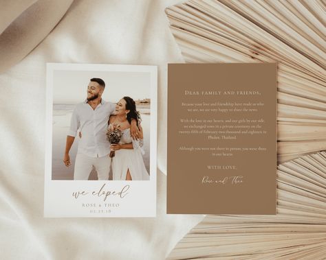 Boho Beige Elopement Announcement Template, We Eloped Card, Wedding announcement card, Minimalist Elopement Card with Photo | EMY We Eloped Announcement, Minimalist Elopement, Retro Baby Showers, Wedding Bar Menu Sign, We Eloped, Elopement Party, Wedding Announcement Cards, Card With Photo, Signature Cocktail Sign