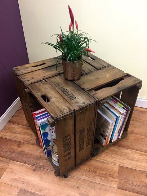 Crate table and storage by TheFunkitureFarm on Etsy Crate Coffee Table Diy, Crate Shelves Bedroom, Farmhouse Coffee Table Ideas, Apple Crate Shelves, Farmhouse Sofa Table, Apple Crate, Crate Coffee Table, Coffee Table Ideas, Retro Coffee Tables