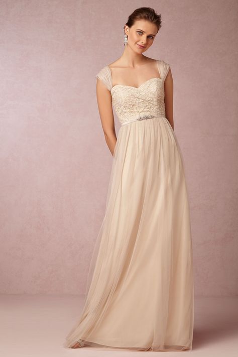 This is basically what I want- with a longer train, and a leeeeettle more bling/embroidery. Juliette Dress from @BHLDN Champagne Colored Bridesmaid Dresses, Wedding Dresses Under 500, Bride Reception Dresses, Vintage Lace Weddings, Bridesmaid Dresses With Sleeves, Maid Of Honour Dresses, Tulle Bridesmaid Dress, Lace Wedding Dress Vintage, Affordable Wedding Dresses