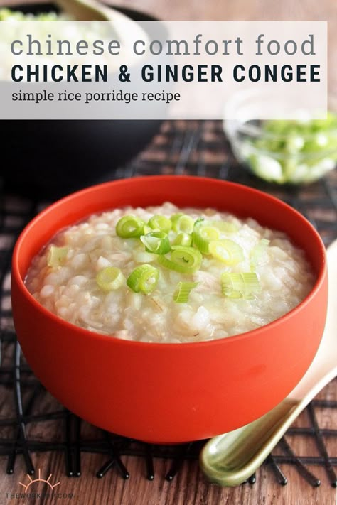 This ginger chicken congee recipe is the ultimate Chinese comfort food. It's a simple rice porridge recipe that is healthy and perfect for families. Recipe on www.theworktop.com. || #congee #chineserecipe #chinese #riceporridge #jook Koreansk Mad, Chicken Ginger, Comfort Food Chicken, Chinese Rice, Porridge Recipes, Rice Porridge, Ginger Chicken, Food Chicken, Breakfast Brunch Recipes