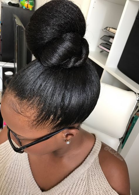 Top knot bun protective style on relaxed hair | www.hairliciousinc.com Relaxed Hairstyles, Cute Bun Hairstyles, Healthy Relaxed Hair, Top Knot Bun, Knot Bun, Transitioning Hairstyles, Bouffant Hair, Asymmetrical Hairstyles, Hairstyles Bun