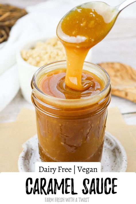 This Dairy Free Caramel Sauce is made with just 4 ingredients and tastes like the real deal. This creamy and buttery vegan caramel can be used in recipes, drizzled on ice cream and cakes or as a vegan caramel dip for fruit. This dairy free caramel sauce recipe is made with natural ingredients and contains no dairy or corn syrup. Vegan Caramel Sauce Recipe, Vegan Caramel Sauce, Maple Caramel, Condensed Coconut Milk, Caramel Recipes Sauce, Vegan Caramel, Desserts Vegan, Salted Caramel Sauce, Vegan Sauces