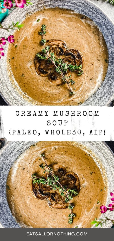 Diet restrictions do not have to feel restricting, especially on days you need comfort food. This homemade Creamy Mushroom Soup is nondairy, Paleo, Whole30, and AIP-approved. It is gluten-free, lactose-free, grain-free, rich in antioxidants, earthy, and hearty. Soup Paleo, Mushroom Soup Recipe, Mushroom Varieties, Creamy Mushroom Soup, Anti Oxidant Foods, Diet Restrictions, Mushroom Soup Recipes, Caesar Salad Recipe, Beef Bone Broth